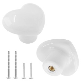 Qjaiune 2pcs Ceramic Cabinet Knobs White Drawer Knobs, Heart Shaped Dresser Knobs Cute Kitchen Cabinet Pull Handles, Small Vanity Knobs Hardware Closet Cupboard Knobs for Kids Girls Children's Bedroom