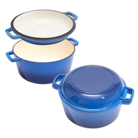 2 in 1 Enameled Cast Iron Dutch Oven Pot 6QT with 2QT Lid - Big Dual Handles - Oven Safe up to 500°F - Classic Round Pot for Versatile Cooking Blue