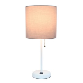 Simple Designs LT2024-GOW White Stick Table Desk Lamp with Charging Outlet and Drum Fabric Shade, Gray Shade