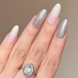 Fomkrio White Omber and Silver Glitter Medium Press On Nails Almond Acrylic Fake Nails with Designs Spring Summer Nails for Women Girls, 15 Sizes - 30Pcs Manicure Nail Kit