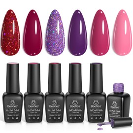 Beetles Gel Nail Polish, 6 Colors Peach Pink Purple Burgundy Red Glitter Gel Polish Ruby Sonatas Collection, Soak Off Uv Lamp Cured Nail Art Design Fall Nails for Women DIY Manicure