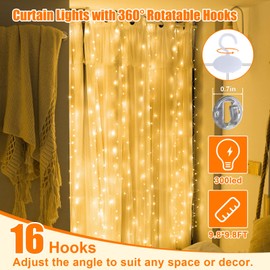 SINAMER Warm White Curtain Light for Bedroom, 300 LED 9.8ft x 9.8ft Window Fairy Curtain String Light with 16 Hooks, 8 Models Remote Control for Wedding Party Home Garden Indoor Decorations