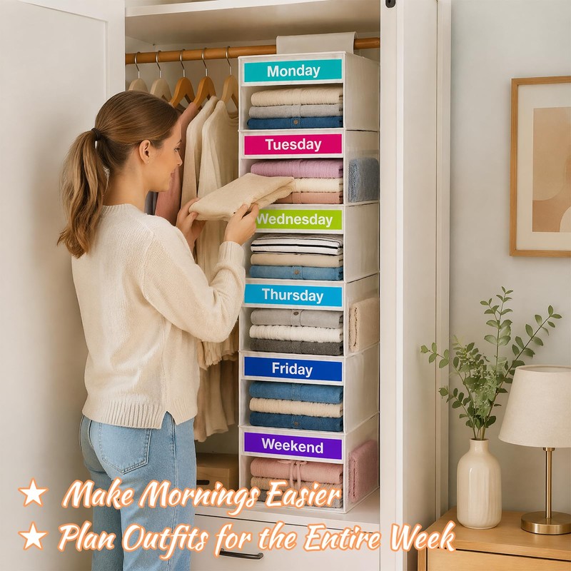 Weekly Clothes Organizer for Closet, 6-Shelf Hanging Closet Organizer with