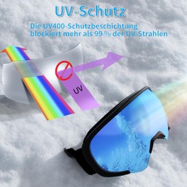 Yeerain Unisex Ski Goggles, Ski Goggles for Men and Women for Glasses Wearers, OTG Design, UV Protection, Snow Goggles, Anti Fog Ski Goggles Spherical Mirrored for Boys and Girls, Clear Blue