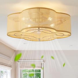 20" Boho Ceiling Fan with Light, Rattan Flush Mount Ceiling Fan with Light Remote Control, Caged Enclosed with 6 Speeds for Bedroom, Living Room, Foyer, Nursery (Gold)