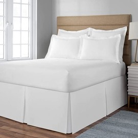 Omnegon Pleated Bed Skirt for Queen Size Bed, 100% Cotton Blend 10” inch Tailored Drop Dust Ruffle, Covers Bed Legs and Frame - White