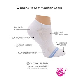 On the Go Women's Low Cut Socks - Cushion Ankle Cotton Moisture Wicking Top Ventilation Arch Support (6 Pair Pack, White Light Blue 2 Stripe)