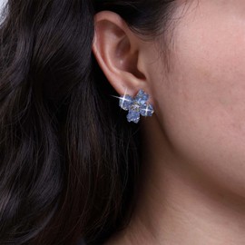 Inateannal Vintage Crystal Flower Earrings Blue Rhinestone Flower Earrings Large Crystal Petal Stud Earrings Sparkling CZ Wedding Earrings Jewellery for Women and Girls, Zinc, No Gemstone