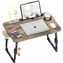 DECOSIS Laptop Desk for Bed Height Adjustable, Lap Bed Table with USB/Storage Drawer/Cup Holder/Tablet Stand/Book Shelf, Foldable Breakfast Tray Portable for Reading Writing, Sofa & Floor, Carbonized
