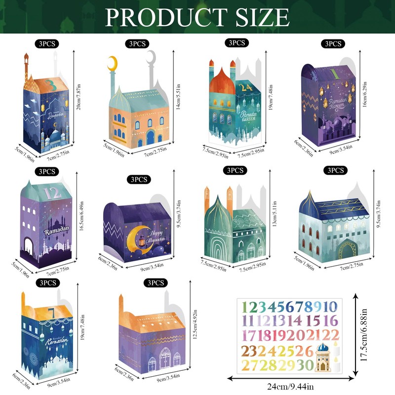 Ramadan Calendar for Filling, 30 Gift Boxes with Number Stickers,