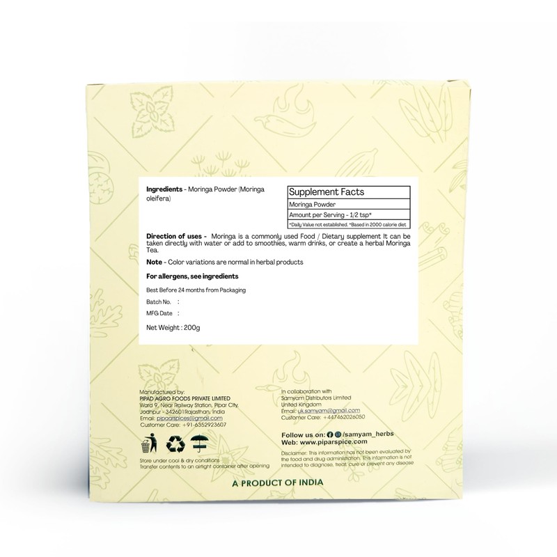 SAMYAM Moringa Leaves Powder - 200g Pack | Superfood Supplement,