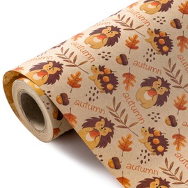WRAPAHOLIC Kraft Autumn Wrapping Paper - Mini Roll - 17 Inch x 33 Feet - Hedgehog and Autumn Lettering Design for Fall, Thanksgiving, Party, Holiday