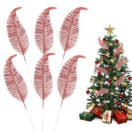 MOTONG 6PCS Rose Gold Christmas Tree Decorations 10.6 Inch Christmas Glitter Feathers, Artificial Glittery ChristmasTree Feather Ornament Christmas Tree Baubles for Wedding Home Xmas Decorations