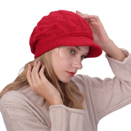 Womens Newsboy Cap Knit Visor Beanie Beret Wool Snow Ski Caps Classic Winter Warm Hat Cold Snow Weather Autumn Spring Girl (Red)