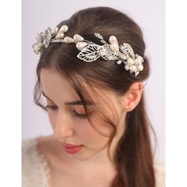 BERYUAN Wedding Silver Leaf Pearls Headband Elegant Pearls Rhinestone Hairpiece Princess Leaf Pearls Wedding Headpiece Silver Wedding Hair Accessories for Women