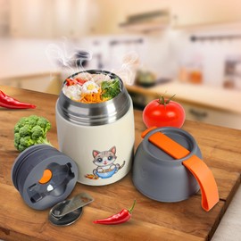 Dingiz 450ml Stainless Steel Insulated Food Jar – Double Wall Vacuum-Sealed Container Leakproof with Air Release Button, Foldable Spoon, Cute Koala & Kitty Designs for Kids & Adults