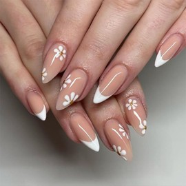 Flower Press on Nails Short Stiletto Heel Cute Fake Nails False Nails with Marigold Floral Designs Nude Glossy Glue on Nails Spring Summer Acrylic Nails for Women Girls 24 PCS