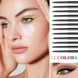 12 Colors Waterproof Colored Eyeliner Colorful Eyeliner Pencil Set,Matte Color Eyeliner Pen Long Lasting Pink Red Black Blue Green White Eye Liner Pen Retractable Eye Makeup Pen