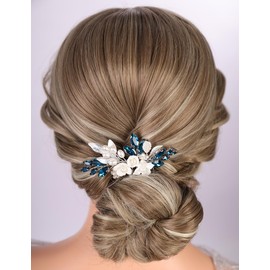 Teyglen Bride Flower Wedding Hair Comb Silver Leaf Rhinestone Hair Comb Dainty Blue Crystal Pearl Hair Piece Cute Flower Bridal Wedding Headpiece Hair Accessories for Women (Peacock blue)