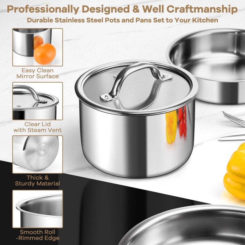 E-far 9pcs Stainless Steel Cookware Set, 3-Ply Pots and Pans