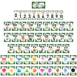 Faccito 58 Pcs Eucalyptus Alphabet Number Bulletin Board Set Abc Letters Colors Shapes Educational Cards Early Learning Manuscript Alphabet Poster for Wall Classroom Preschool Kindergarten Decor