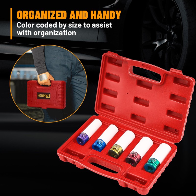 1/2" Drive 5pc Impact Lug Nut Socket Set, Metric 15-17-19-21-22