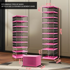 CIMLORD 9-Tier Foldable Shoe Rack for Closet Entryway 9-18Pairs, Stackable Clear Shoe Storage Boxes Organizer with Door Plastic Small Shoe Cabinet Bins with Lids Shoes Shelf Easy Assembly（Black-pink）