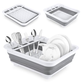 QOUBNIC Foldable Dish Drainer with Foldable Cutlery Divider Portable Tableware Organiser for Camping Crockery Caravan