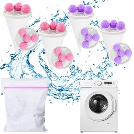 Ruayia 4 x Washing Balls with 1 x Laundry Net for Washing Machine, Lint Hair Catcher Made of Pet Fur in Tapered Mesh Design (2 x Pink Washing Balls + 2 x Purple Washing Balls)