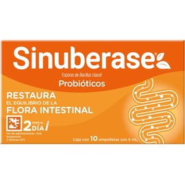 Sinuberase Probióticos en Suspensión 2 Billones de UFC 10 Ampolletas. Restaura el Equilibrio de la Flora Intestinal Alterado por Diarrea o Uso de Antiobióticos