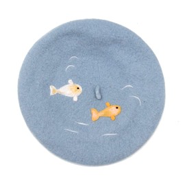 Zasy Boina de lana para mujer, estilo casual, francés, gorro hecho a mano de fieltro de dibujos animados gorros, Peces de madera, 7-7 1/8