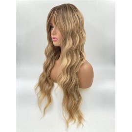 JOLNVCA Long Wavy Wig Ombre Blonde Wig with Bangs for Women Lace Hairline Synthetic Heat Resistant Fiber Middle Part Natural Looking Daily Cosplay Party 26 inch