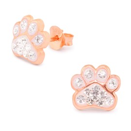 Monkimau Girls' Paw Stud Earrings Made of 925 Sterling Silver Real Silver with 24 Crystals Rose Gold Plated, Sterling Silver, Crystal