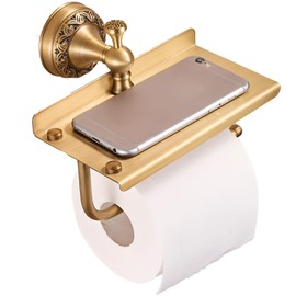 Vintage Brass Toilet Paper Holder with Phone Shelf, European Style Bathroom Tissue Roll Stand, Wall Mounted Phone Storage Rack, Antique Bronze Bathroom Accessories