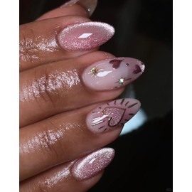 Handmade Glitter Cat Eye Press on Nails Medium Short Almond, Gel Fake Nails Short with UV Coating, Reusable Glue on Nails for Women Daily Wear, Nude Sparkle 10 Pcs (MT-114, M)