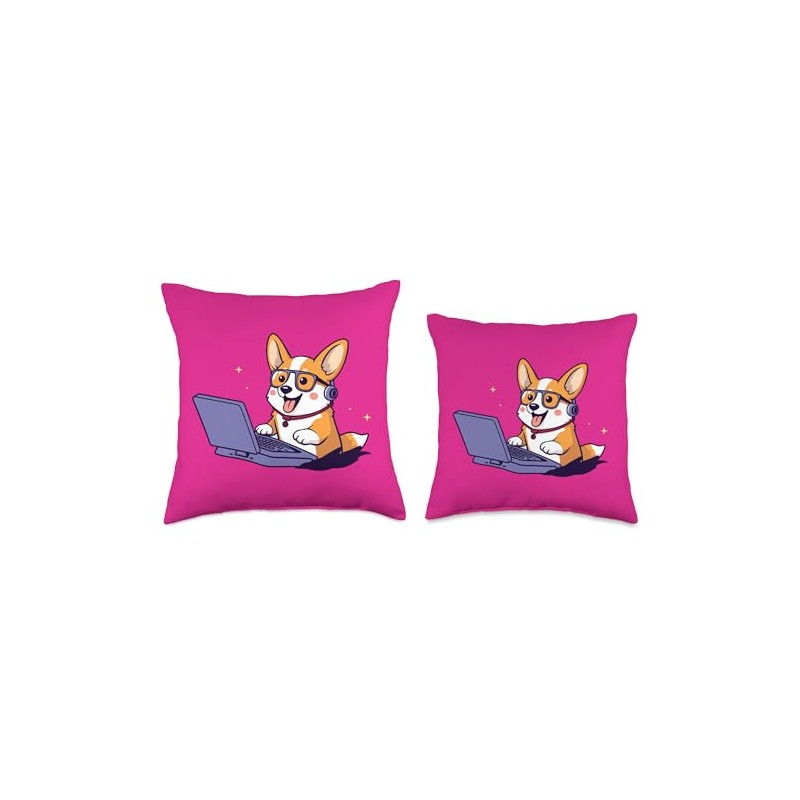 Cute Corgi on Computer Throw Pillow