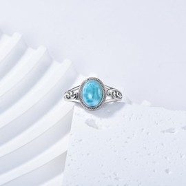 BETHZA Natural Larimar Rings 925 Sterling Silver Oval Blue Larimar Gemstones Ring Summer Beach Jewelry for Women Size 6