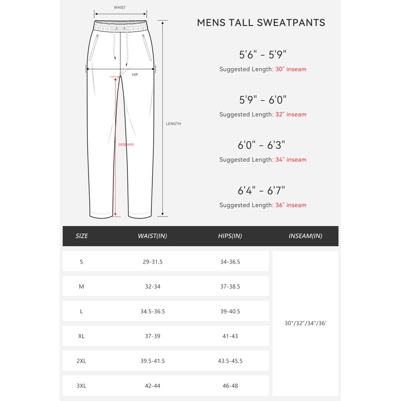 G Gradual Men's 30"/32"/34"/36" Inseam Tall Sweatpants with Zipper Pockets