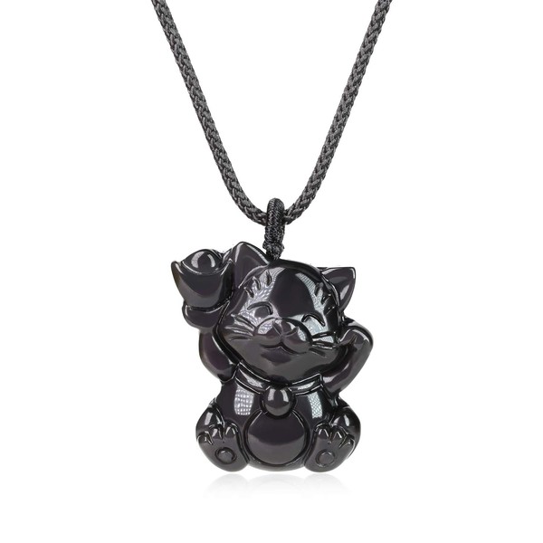 Koai Lucky Cat Friday Stone Power Stone Pendant Necklace, Obsidian, obsidian
