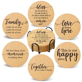 Cegkuc Coasters for Drinks with Holder Set of 6, House Warming Gifts for New Home Couples Cute Sunflower Design Absorbent Cork Wood Coaster for Cup Desk Office Table Kitchen Decor, Round 4"
