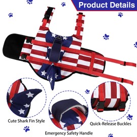 TDTOK Dog Life Jacket Shark Fin American Flag Pattern with Rescue Handle and Reflective Stripes, High Buoyancy Life Safety Vest for Small,Medium,Large Dogs for Swimming and Boating (X-Small)