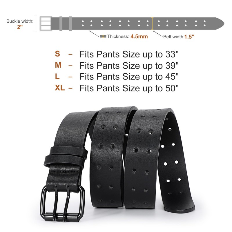 JASGOOD Men's Double Prong Leather Belt - Black, Size M