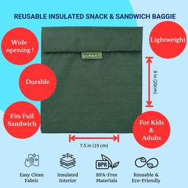 Yumbox Wide Opening Sandwich Bag/Snack Bag, Insulated Interior, Reusable Fabric, Washable, Food Safe, BPA Free, 8 x 7.5in - (Fern)