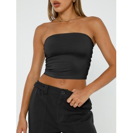 Trendy Queen Womens Tube Tops Strapless Crop Tops Basic Backless Sleeveless Bandeau Going Out Cute 2024 Summer Outfits Black 2XS