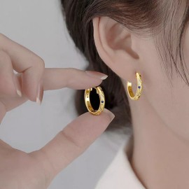 Women 14K Gold Plated Blue Clear CZ Star Round Hoop Huggie Earrings 20mm PE54