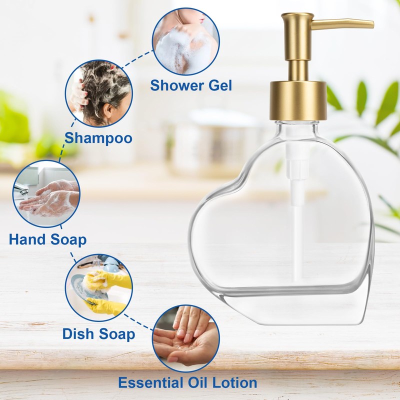 UHEY HOME Glass Soap Dispenser Bathroom, Heart-Shaped 6.7oz Refillable Liquid