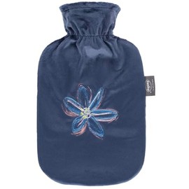 Fashy Hot Water Bottle 2.0 L with Fleece Cover and Flower Embroidery Navy