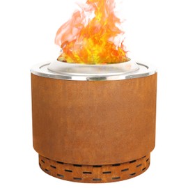 KOL 19.5" Dia Smokeless Fire Pit Outdoor, Corten Steel & Stainless Steel Pre-Rusted Finish Wood Burning Firepit with Removable Ash Pan, Backyard Patio Rotary Flame Stove for Garden, Camping & Bonfire