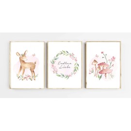 Lemmami Papeterie Set of 3 Wall Pictures Children's Room Baby Room Poster Pictures DIN A4 Girls Boys Decoration Forest Animals Deer Flower Saying (Set of 3 Pictures Pink, Pastel, Wall Decor)