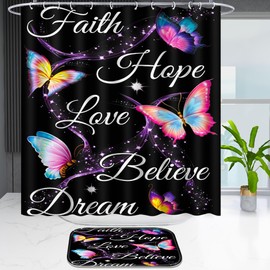 Poedist 4 Pcs Shower Curtain Set,Butterfly Bathroom Set, Flower Shower Curtain Sets with Rugs(Bath Mat,U Shape and Toilet Lid Cover Mat) and 12 Hooks